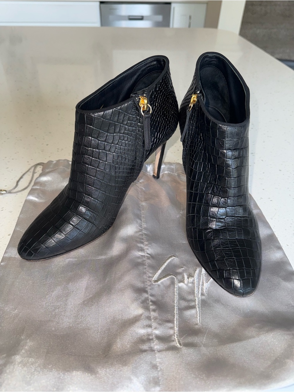 Giuseppe Zanotti Black Croc-Embossed Pointed Stiletto Ankle Boots